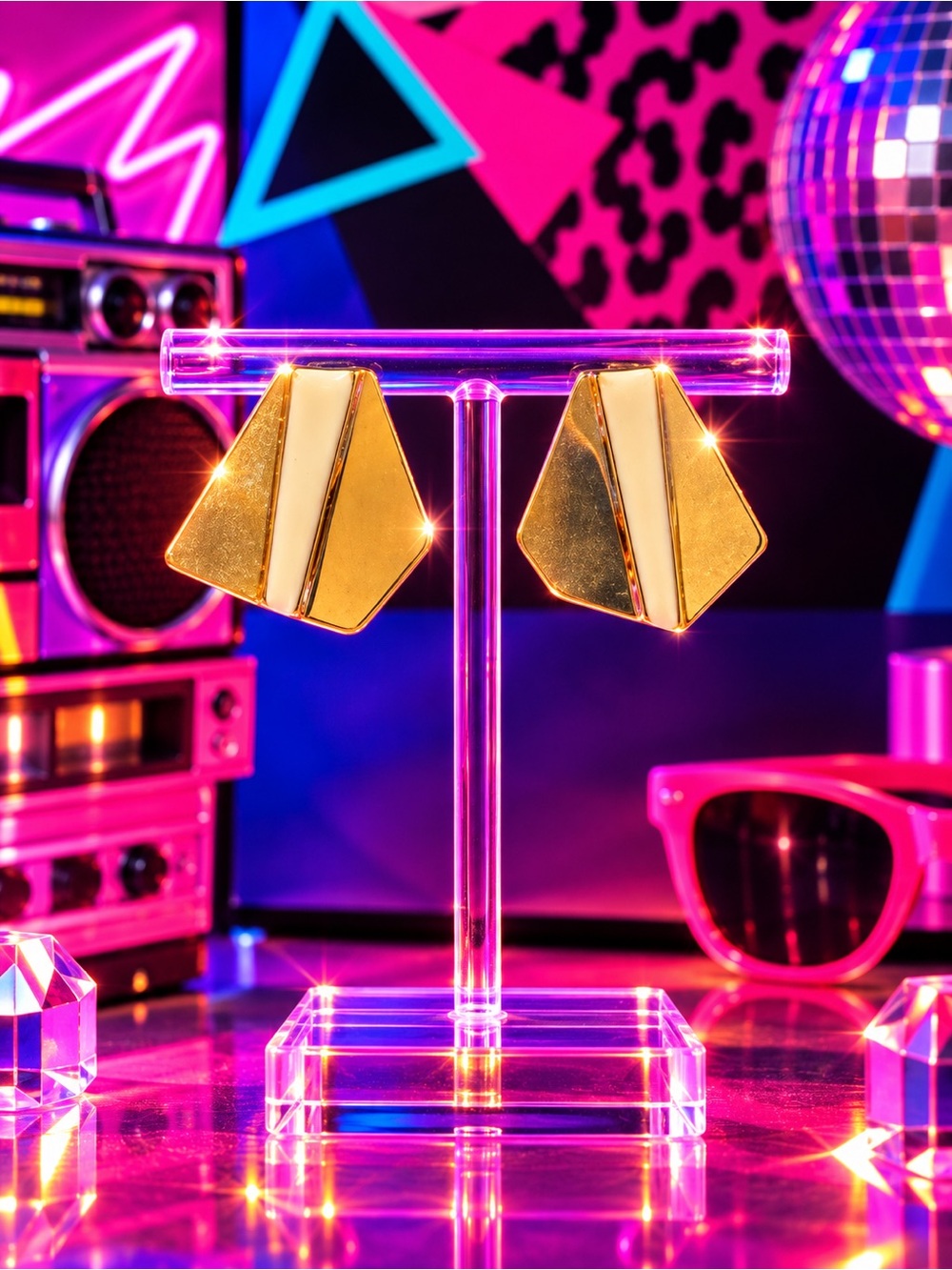 80s Vintage Gold Geometric Clip-On Earrings - Post Back